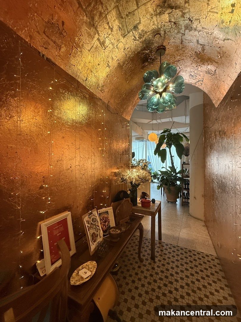 Restaurant Interior with Golden Walls and Fairy Lights