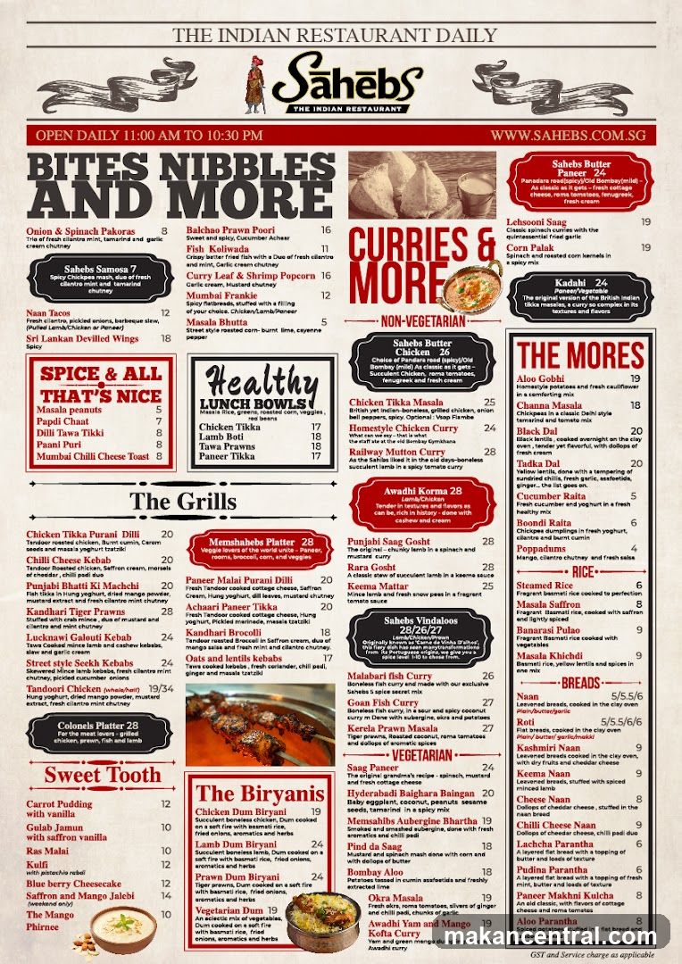 Sahebs The Indian Restaurant Menu