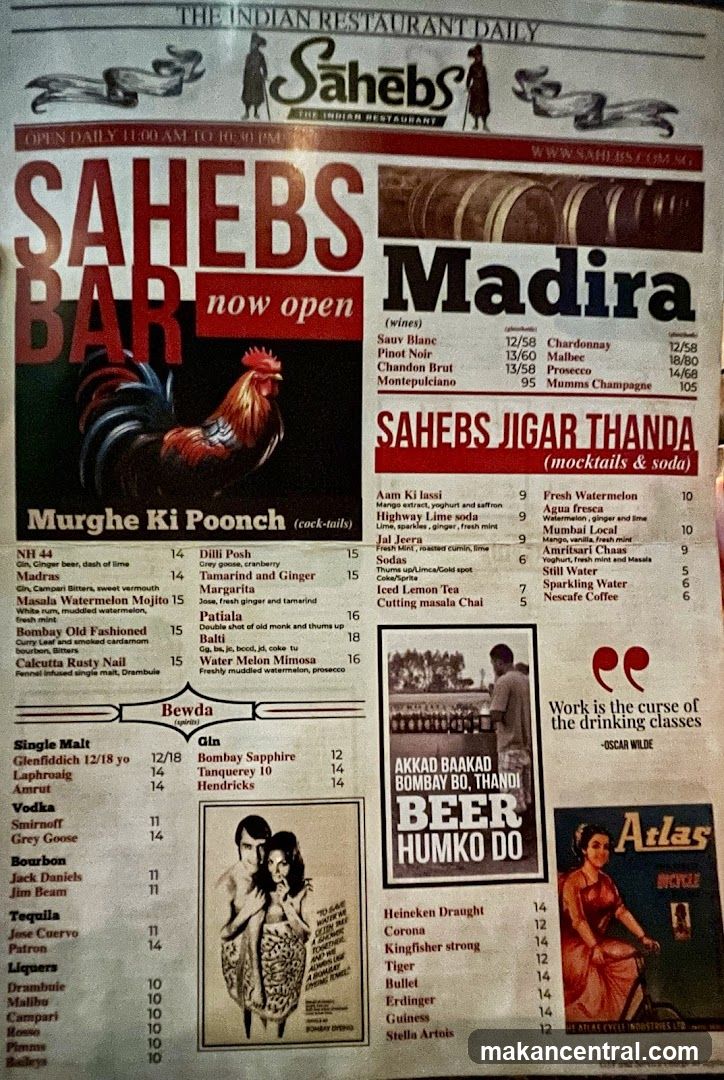 Sahebs Bar Menu