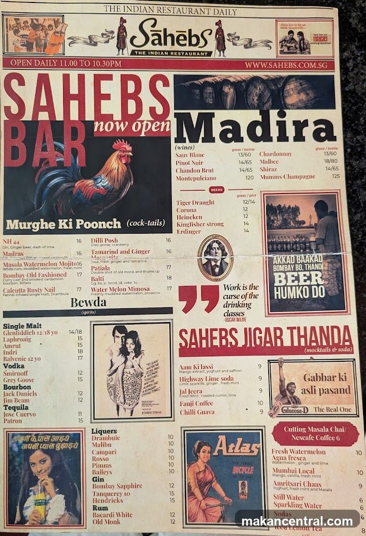 Sahebs The Indian Restaurant Menu