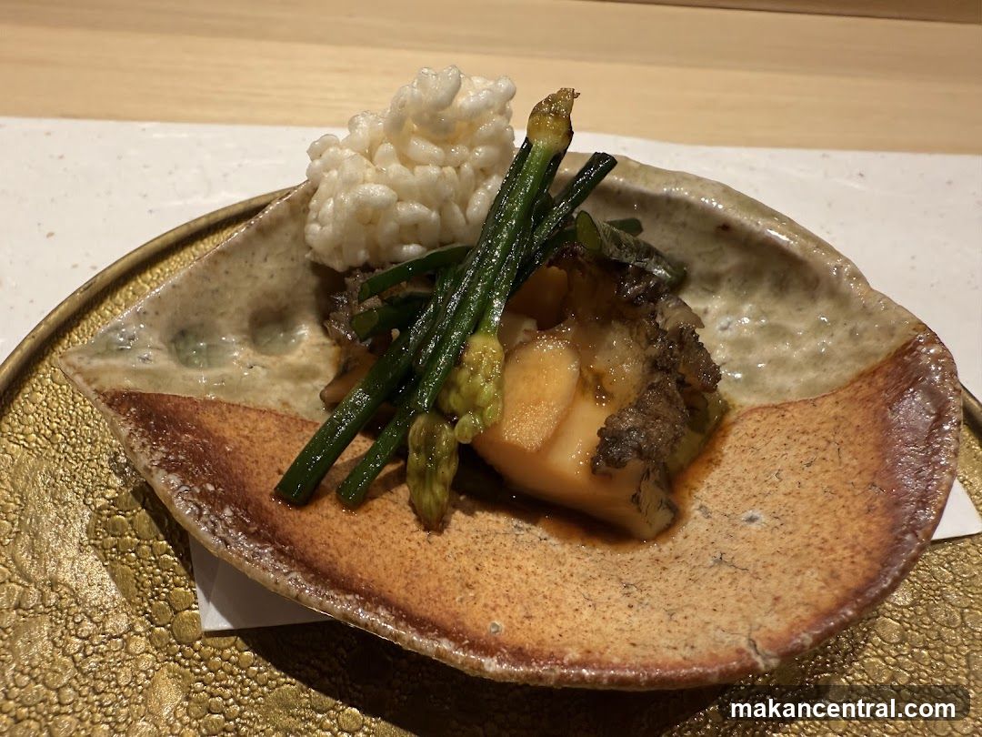 Seared Dish with Asparagus and Puffed Rice