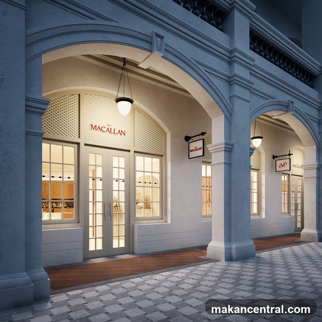 The exterior of a building with arched entrances and windows. The signage for "The Macallan" is visible above the main entrance and on hanging signs. The windows reveal interior lighting and glimpses of what appears to be a retail or tasting space.