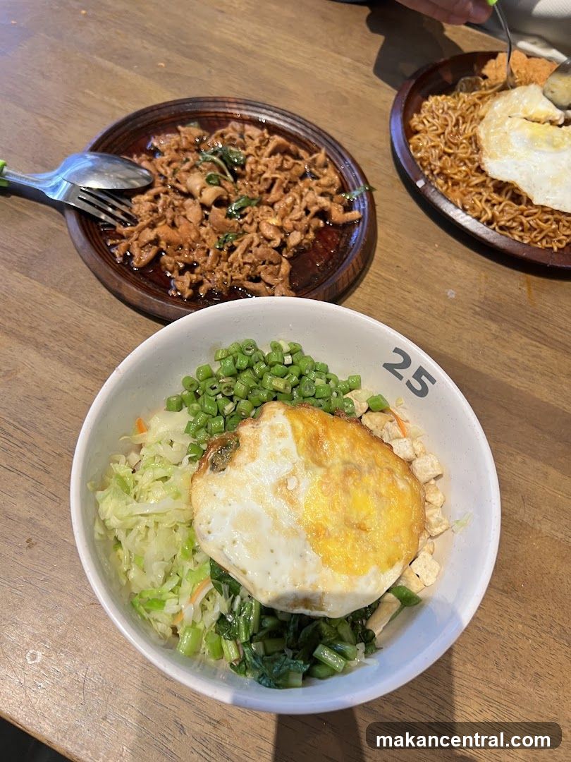 Dishes with Fried Egg and Noodles