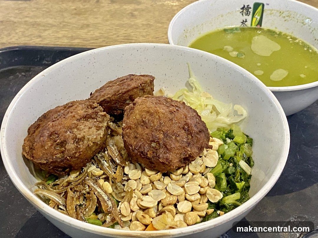 Rice bowl with fried patties and soup