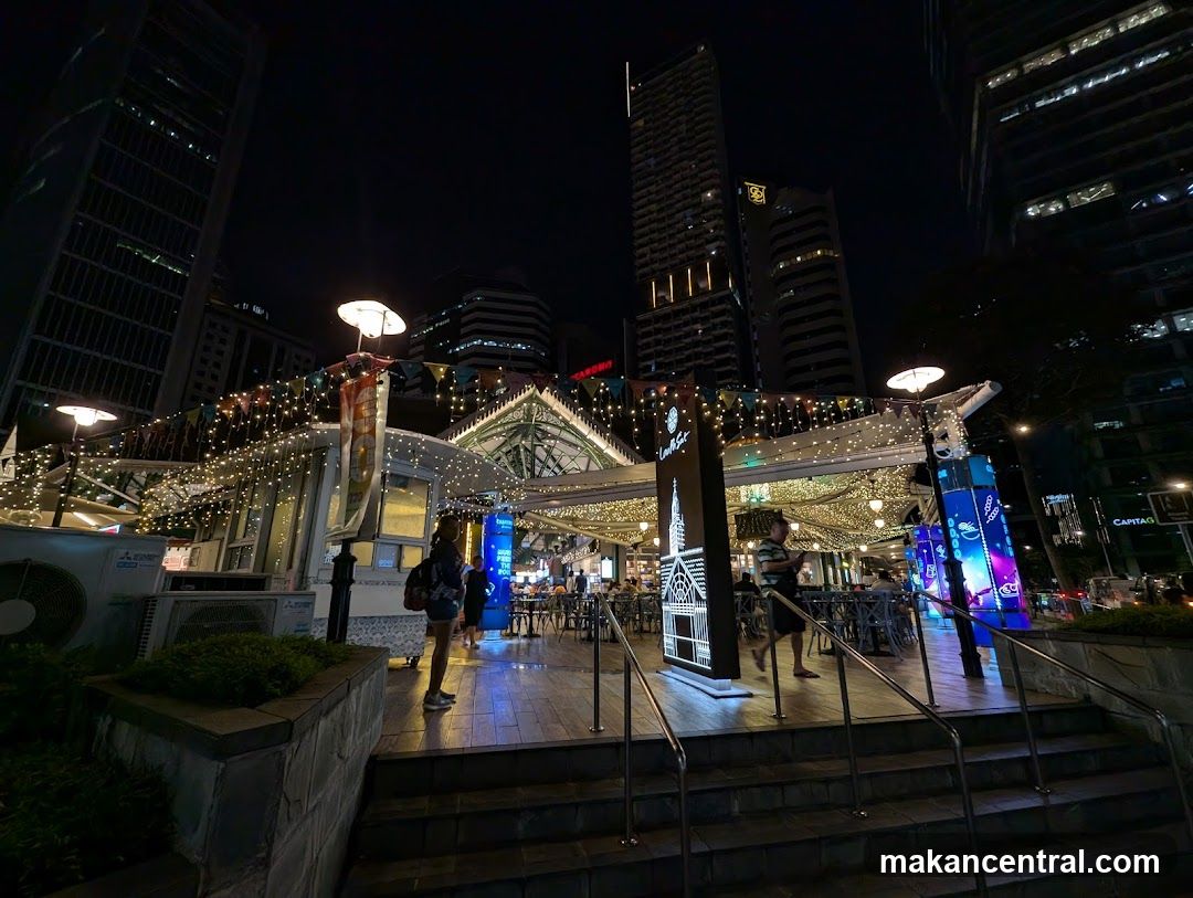 Outdoor dining area at night
