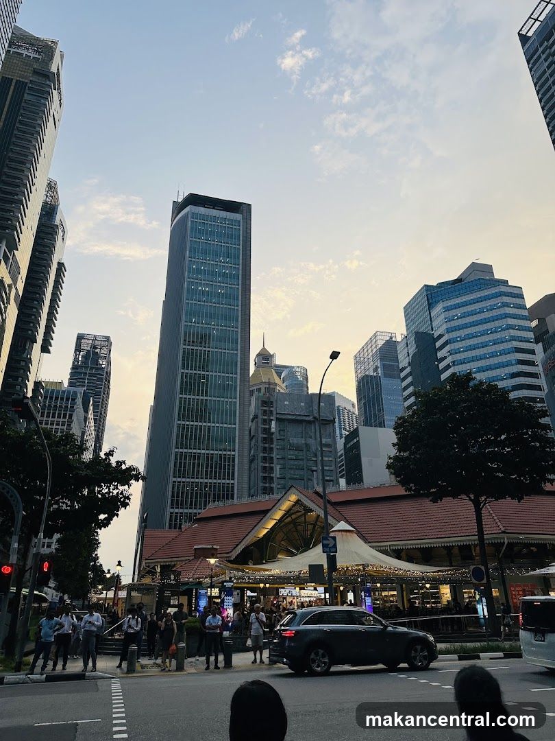 Street Scene with Market Building and Skyscrapers
