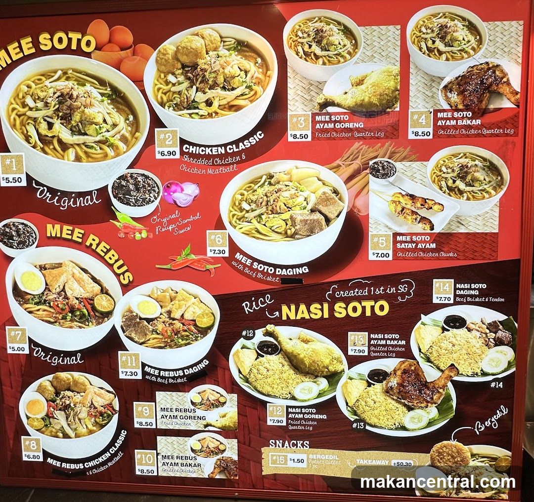 Mee Soto, Mee Rebus, Nasi Soto & Snacks Menu