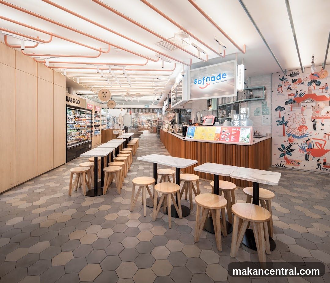 Interior of a cafe with seating and a counter