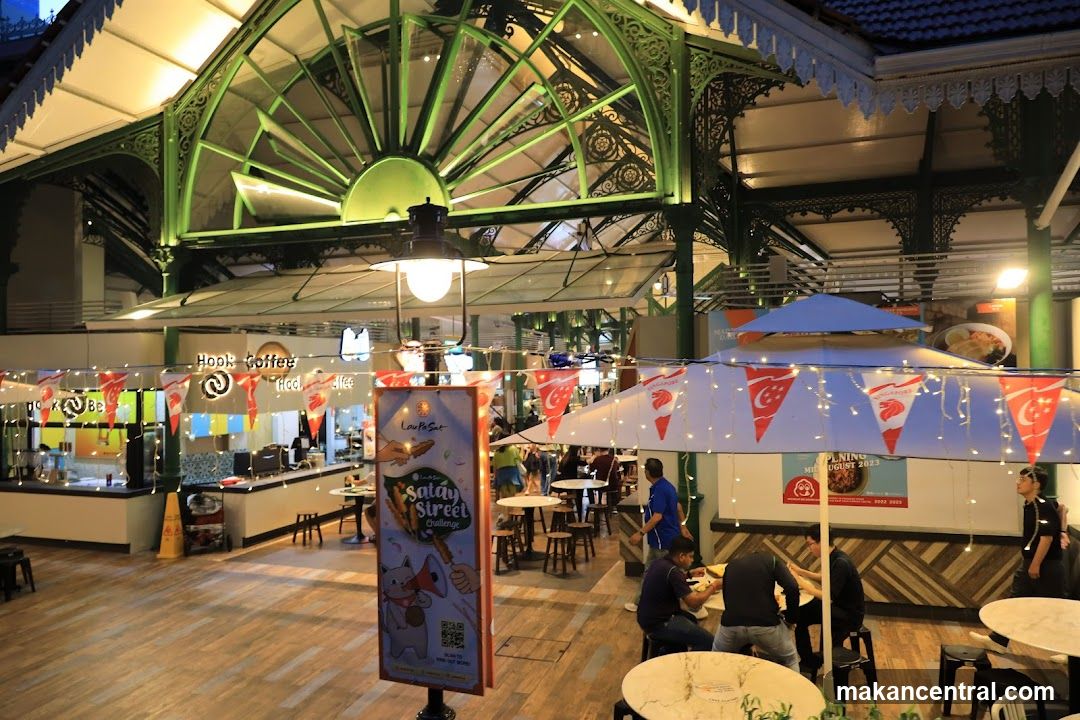 Outdoor Food Court with Singaporean Flags