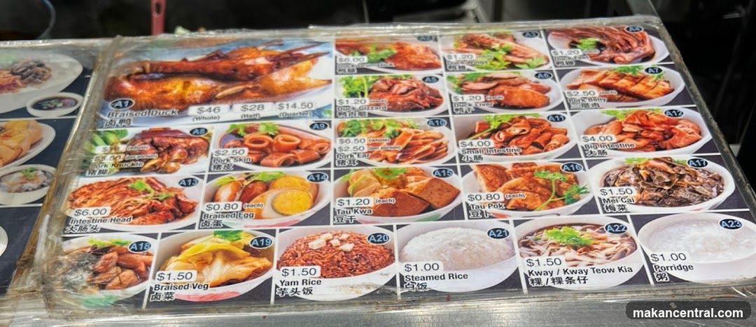 Menu with various braised dishes and rice options