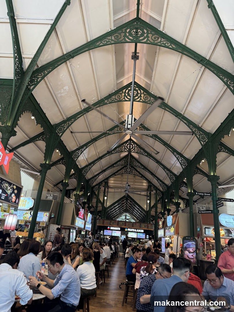 Busy Food Hall with Many Stalls and Diners