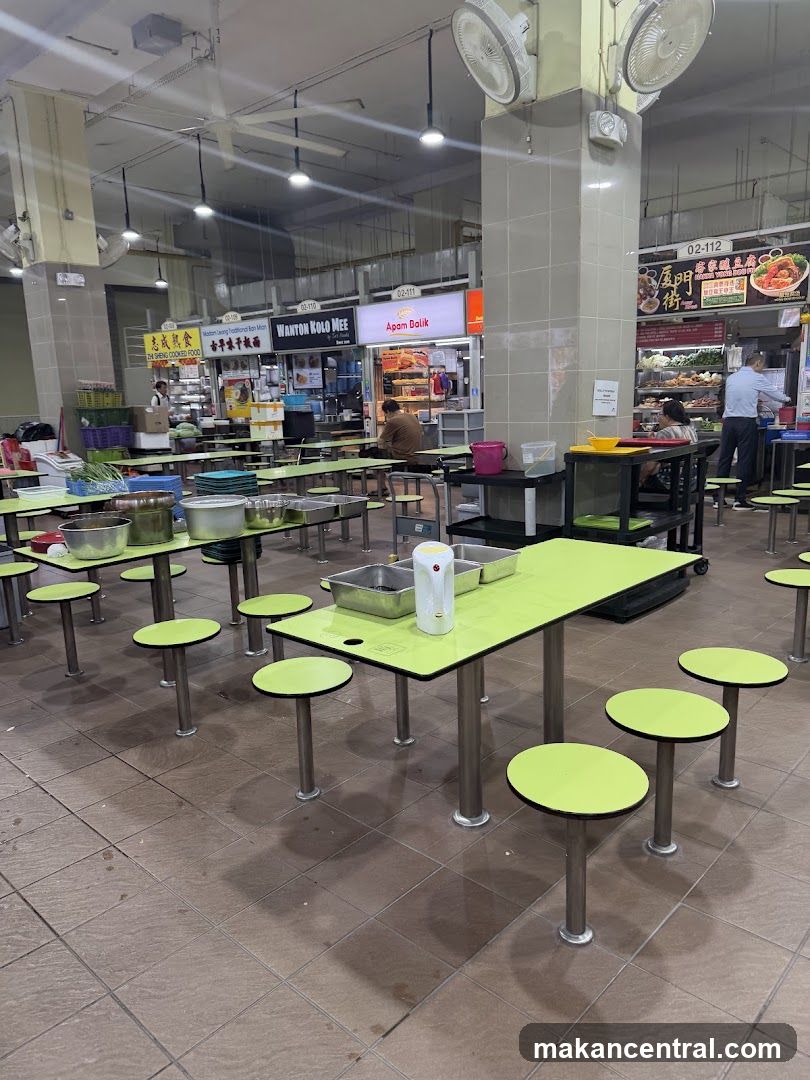 Food court interior with tables and stalls