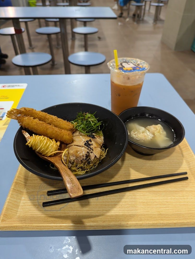 Noodle Dish with Shrimp and Drink