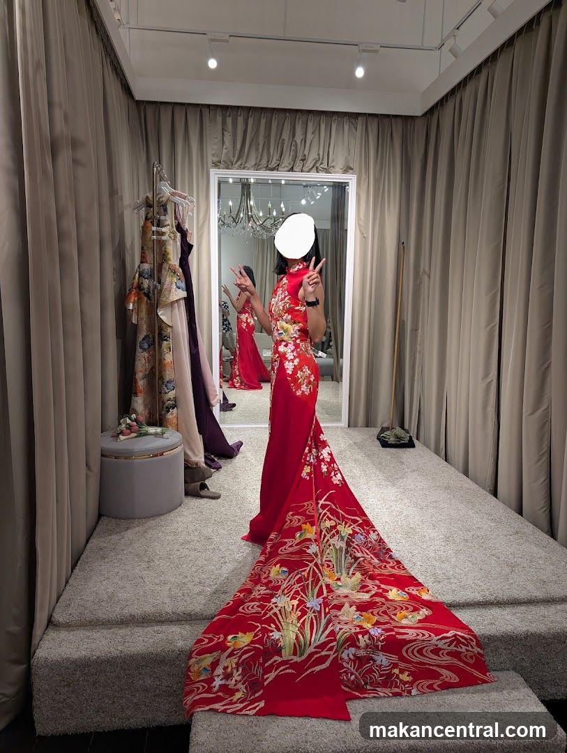 Woman in a red dress with a train