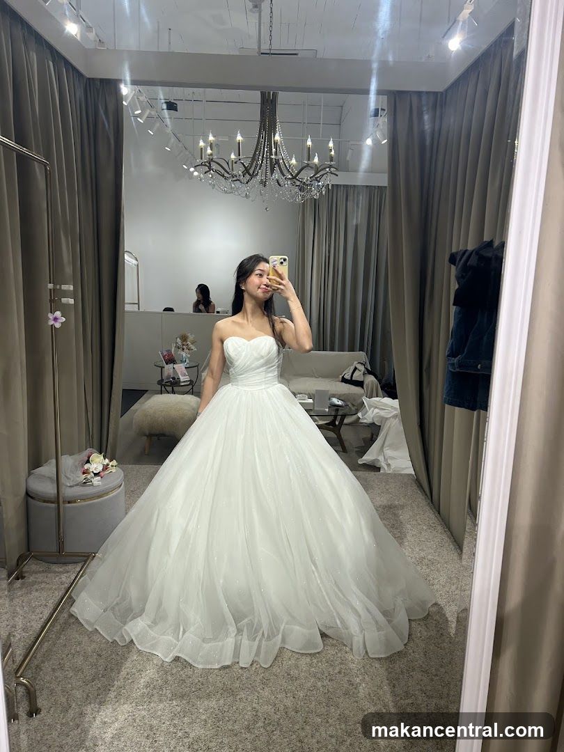 Woman trying on a wedding dress