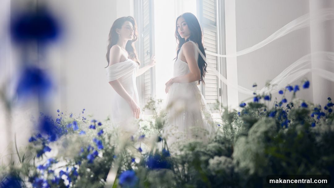 Two women in white dresses surrounded by flowers