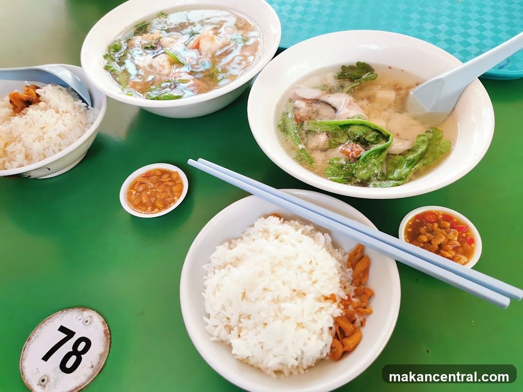 Table with Rice and Soup Dishes