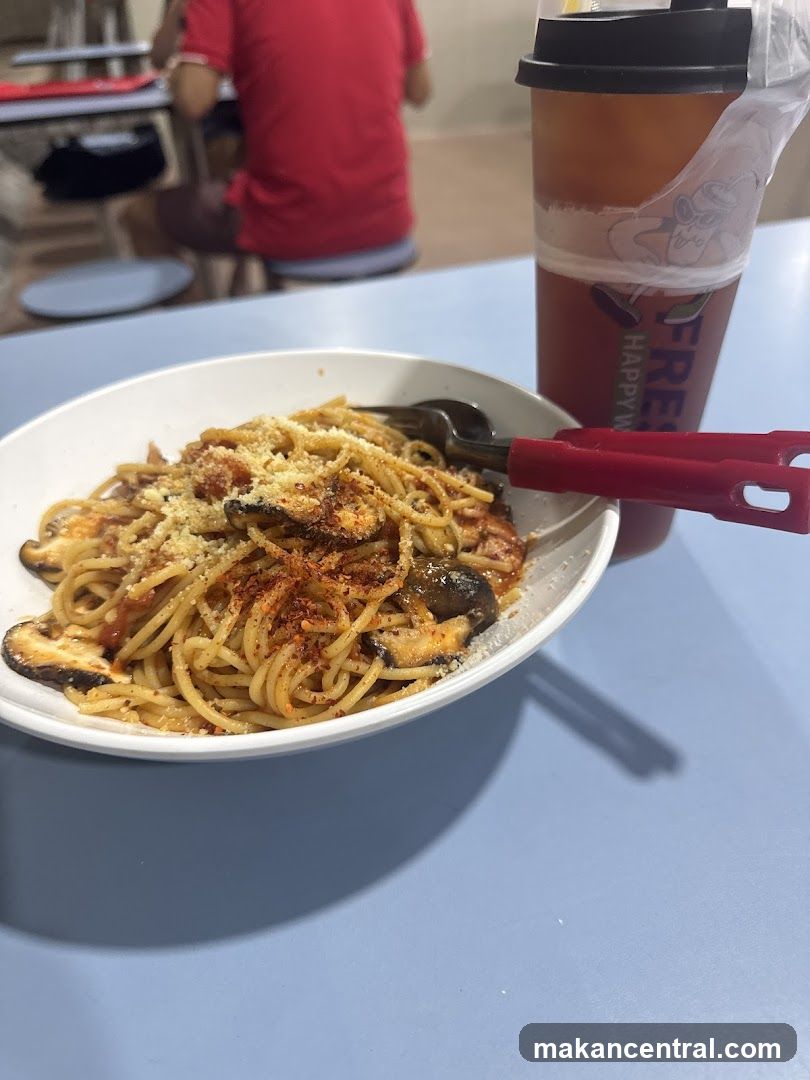 Spaghetti with Mushrooms and a Drink