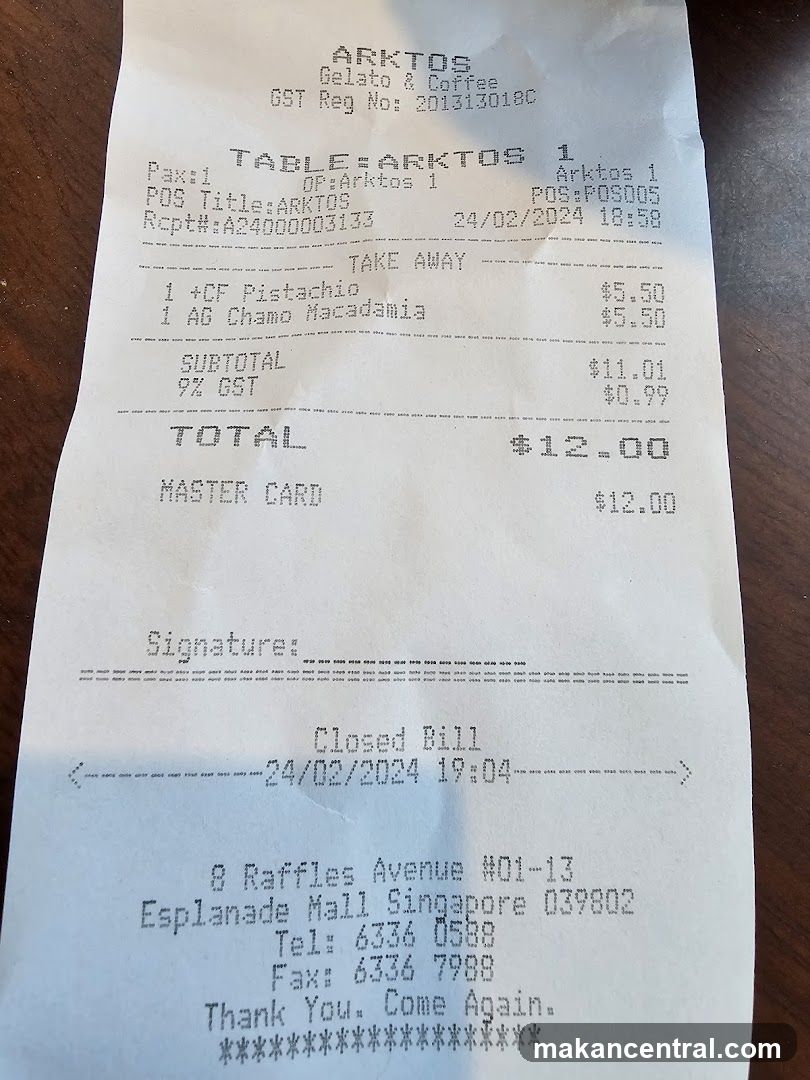 Receipt from Arktos Gelato & Coffee
