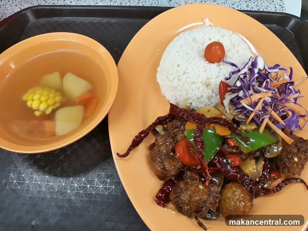 Stir-fried dish with rice and soup