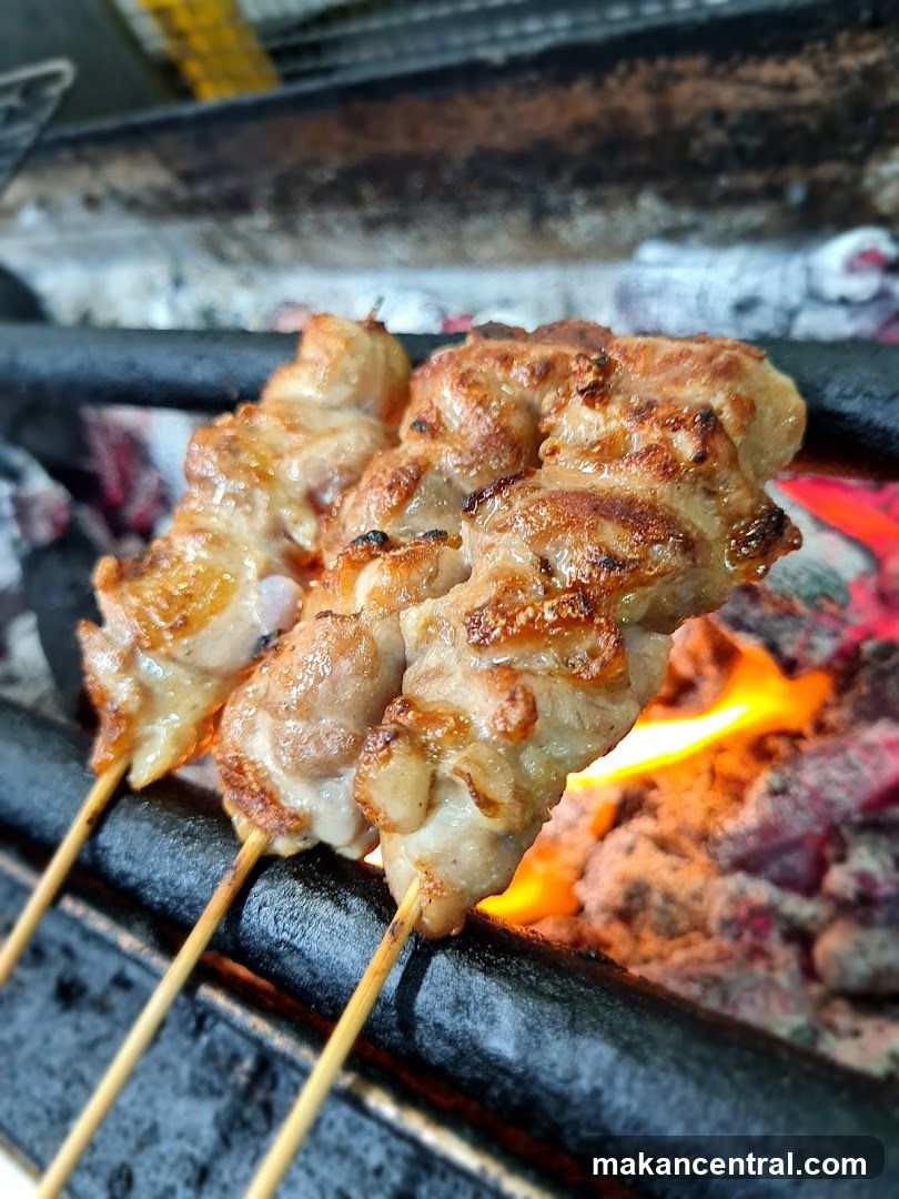 Skewers grilling over coals