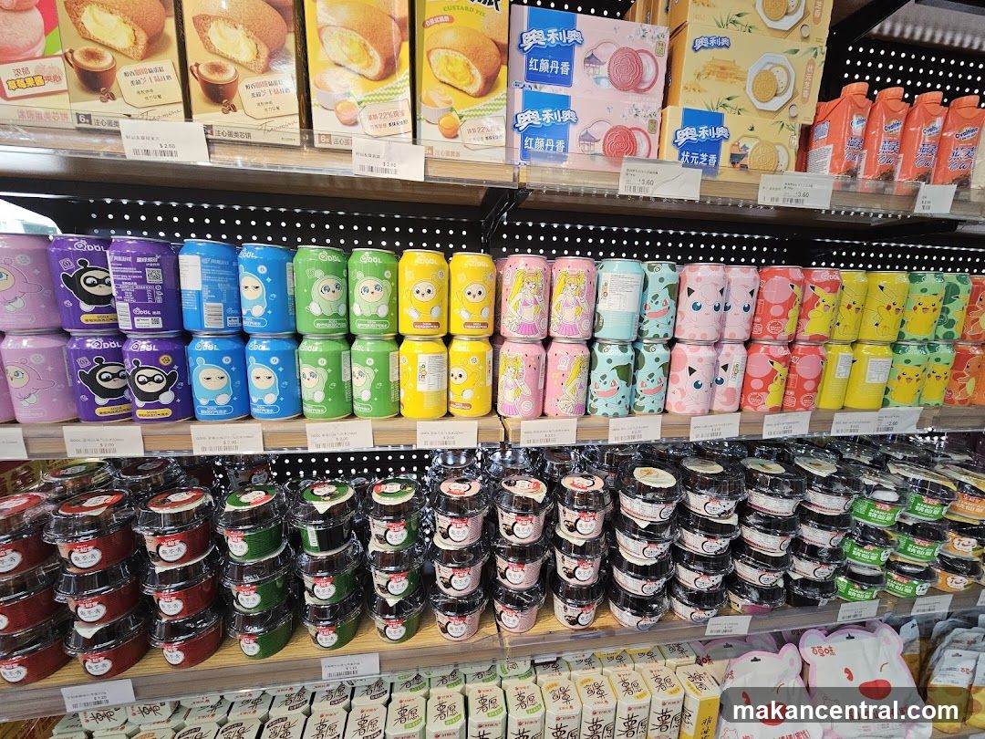 Assorted Snacks and Drinks on Shelves