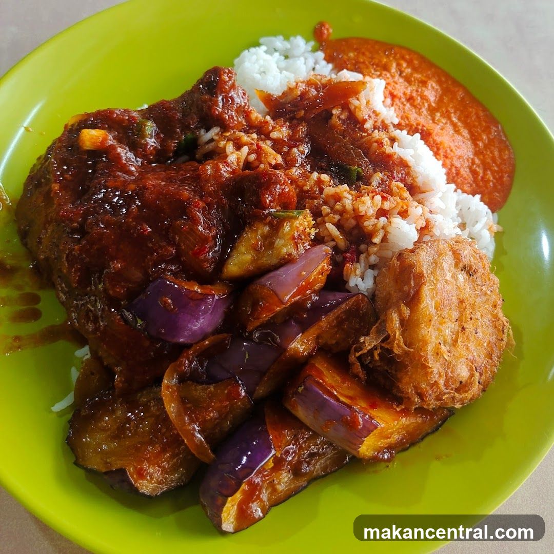 Nasi Lemak with Fried Eggplant and Chicken