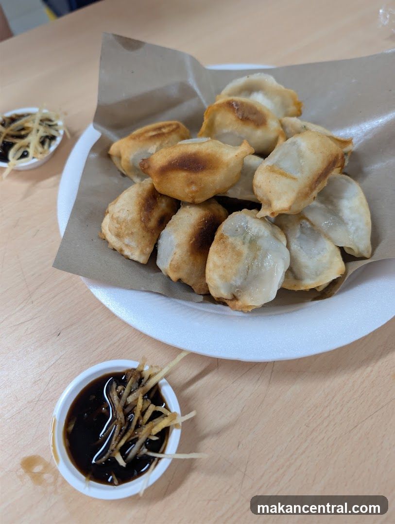 Pan-fried dumplings with dipping sauce