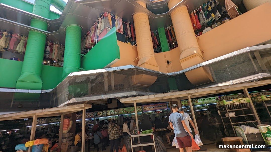 Market stalls with clothing and food vendors