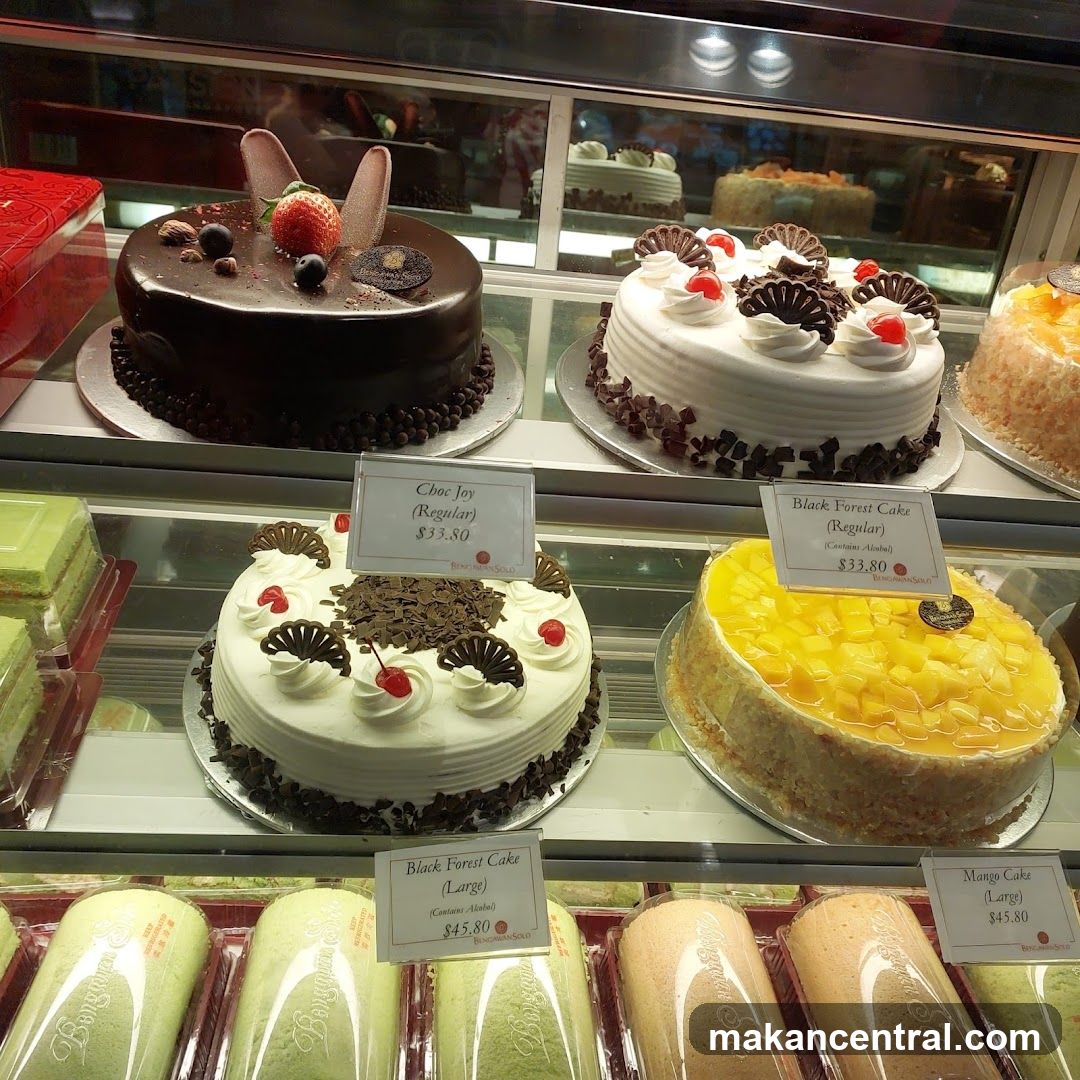 Cakes in a display case