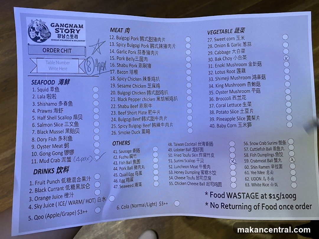 Gangnam Story Korean Steamboat & BBQ Buffet Order Chit