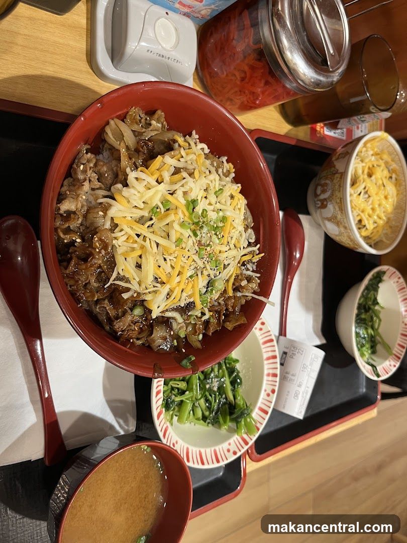 Beef bowl with cheese and side dishes