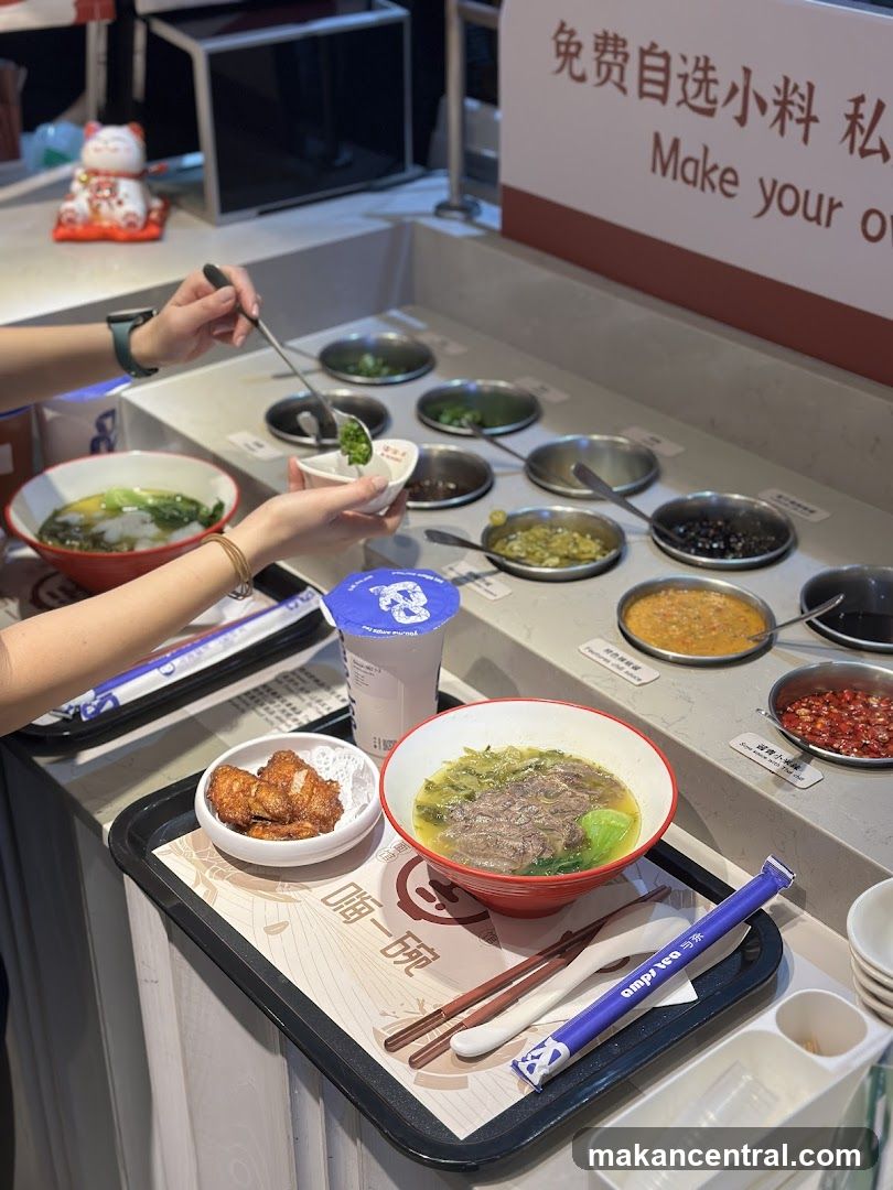 Diner preparing a meal at a self-serve condiment station