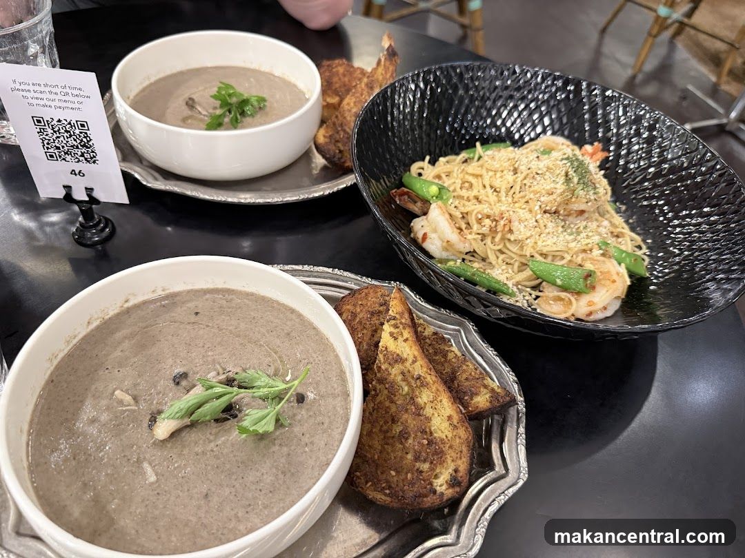 Mushroom Soup and Noodles with Shrimp
