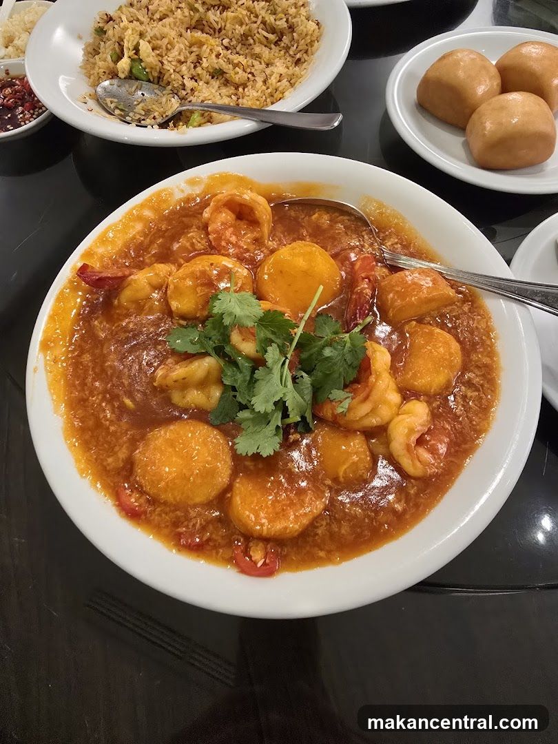 Shrimp and Tofu Dish with Fried Rice and Buns