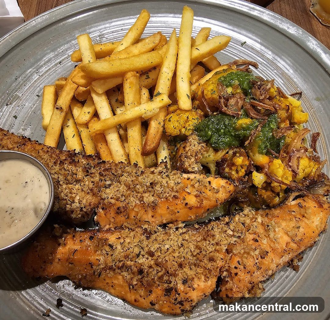 Nut-Crusted Salmon with Fries and Roasted Vegetables