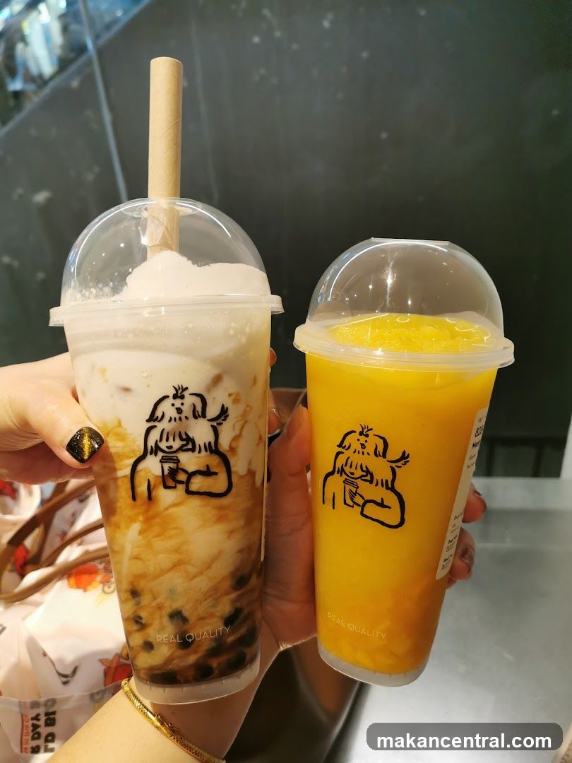 Two drinks with cartoon logo