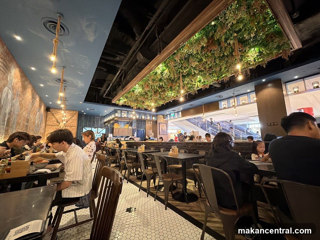 Restaurant Interior with Hanging Plants