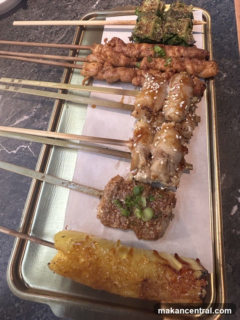 Grilled skewers on tray