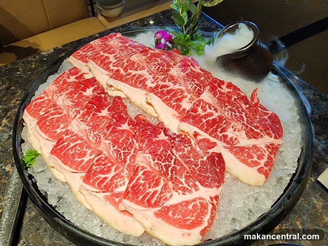 Raw beef slices on ice