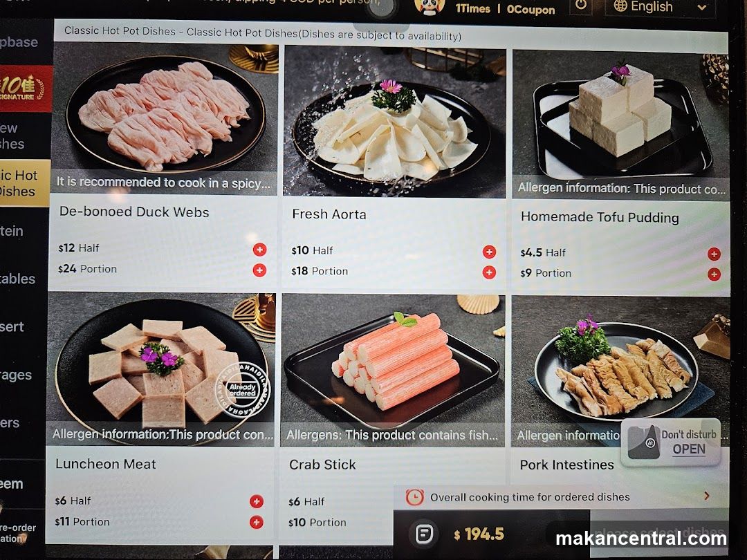 Hot Pot Dishes Menu