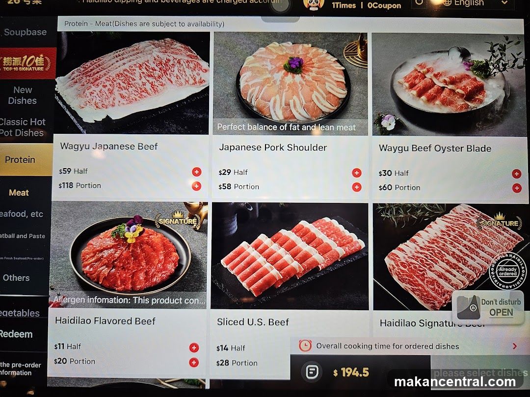 Haidilao Hot Pot Menu Display