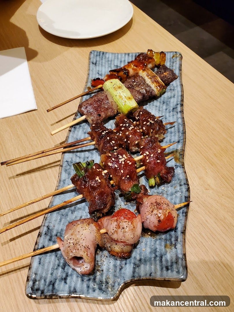 Grilled skewers on ceramic plate