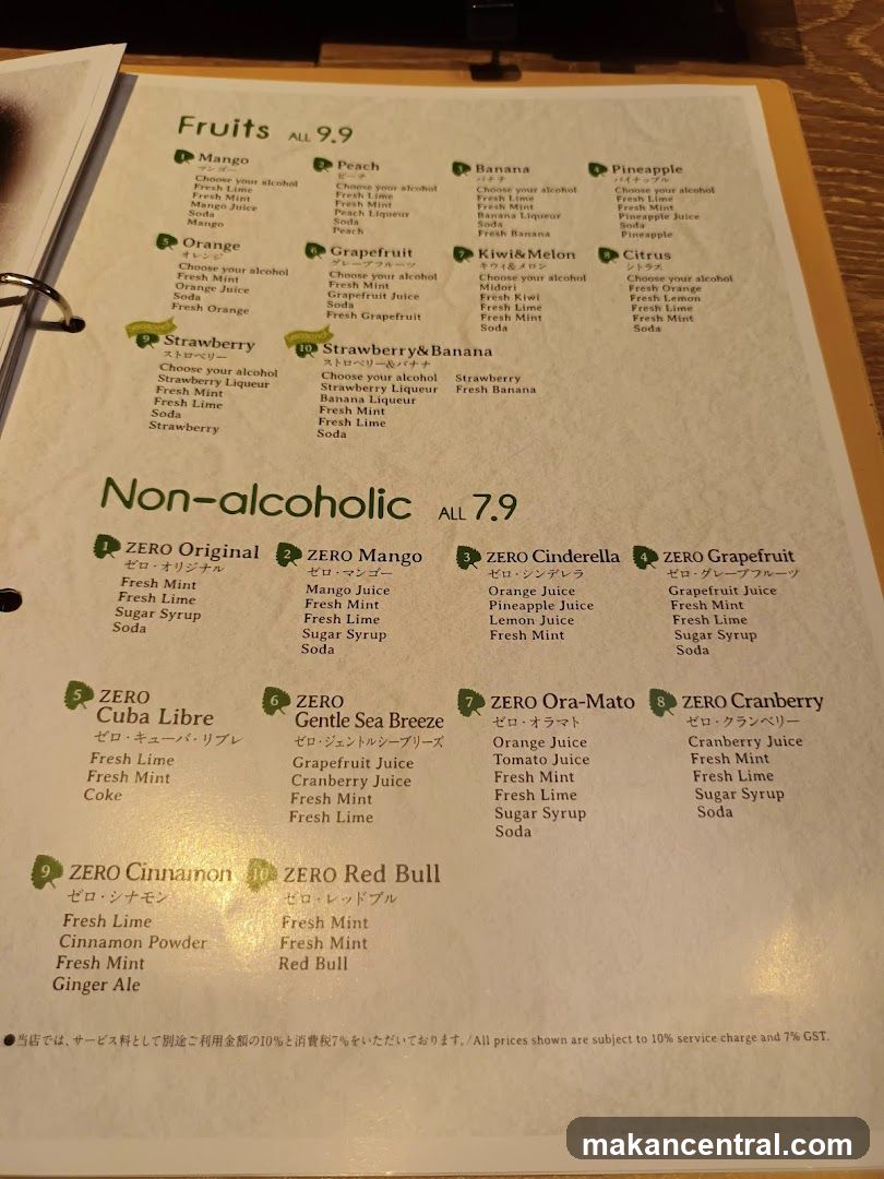 Fruit and Non-Alcoholic Drinks Menu