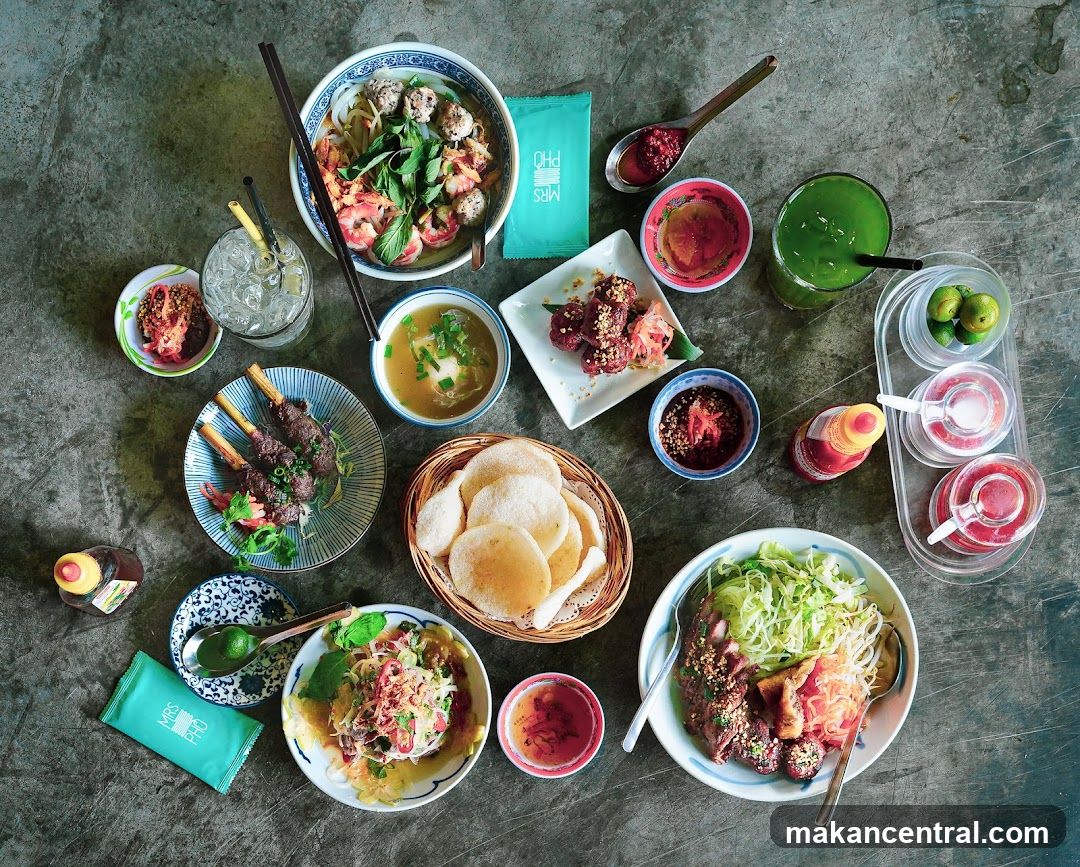 Table spread of Vietnamese dishes