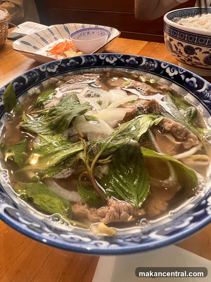 Pho bowl on wooden table