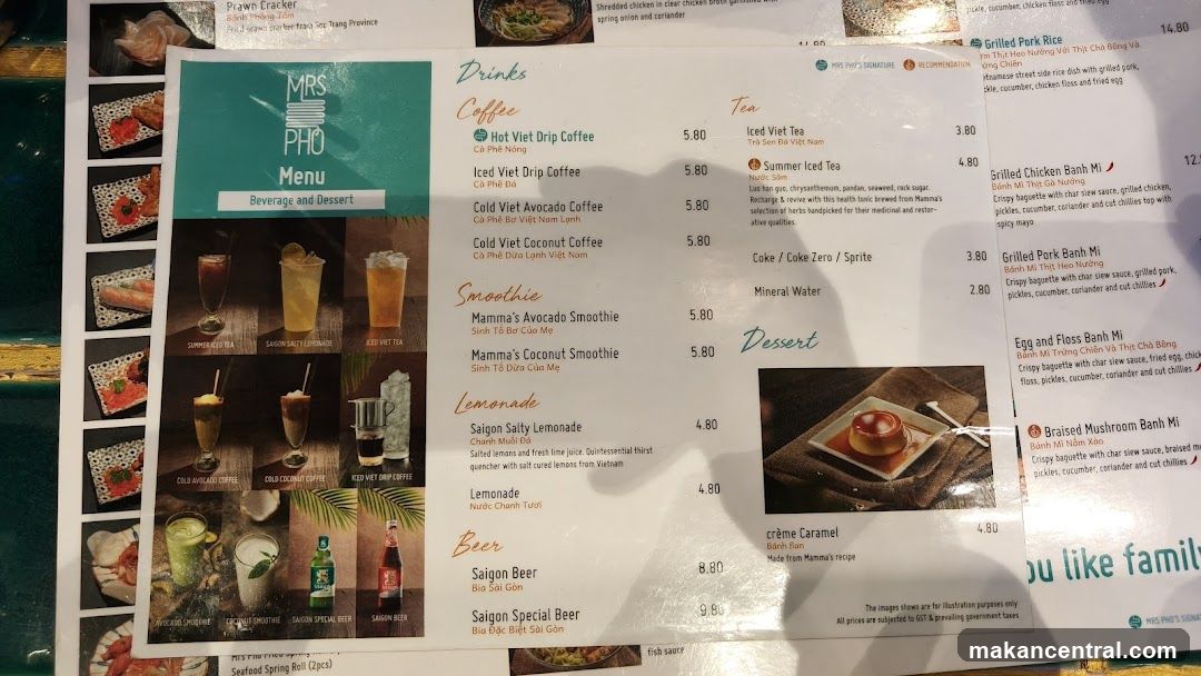 Mrs Pho Menu - Beverage and Dessert Section