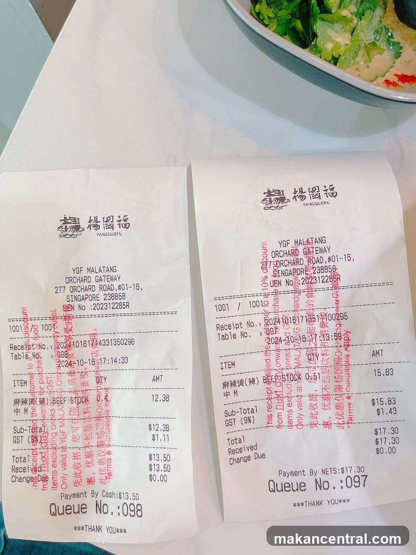 Receipts from YangGloFu Restaurant