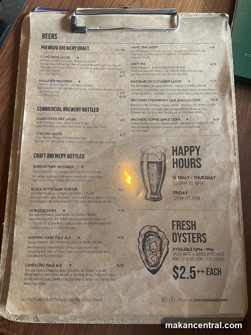 Beer Menu with Happy Hours and Fresh Oysters