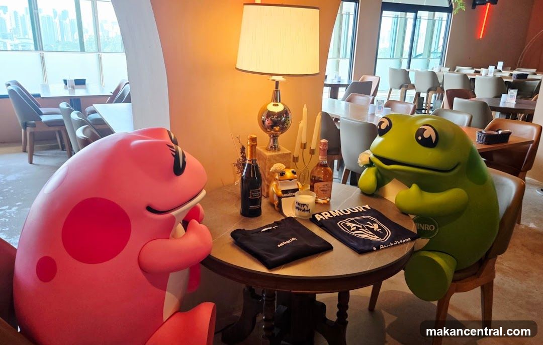 Interior dining area with plush character statues